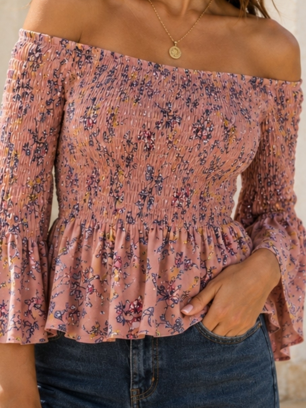 Candie’s Pink Floral Smocked Peasant Blouse Bell Sleeve Size L Boho